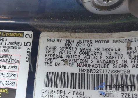 2007 Toyota Corolla Ce from USA, damaged, VIN 1NXBR32E17Z886059